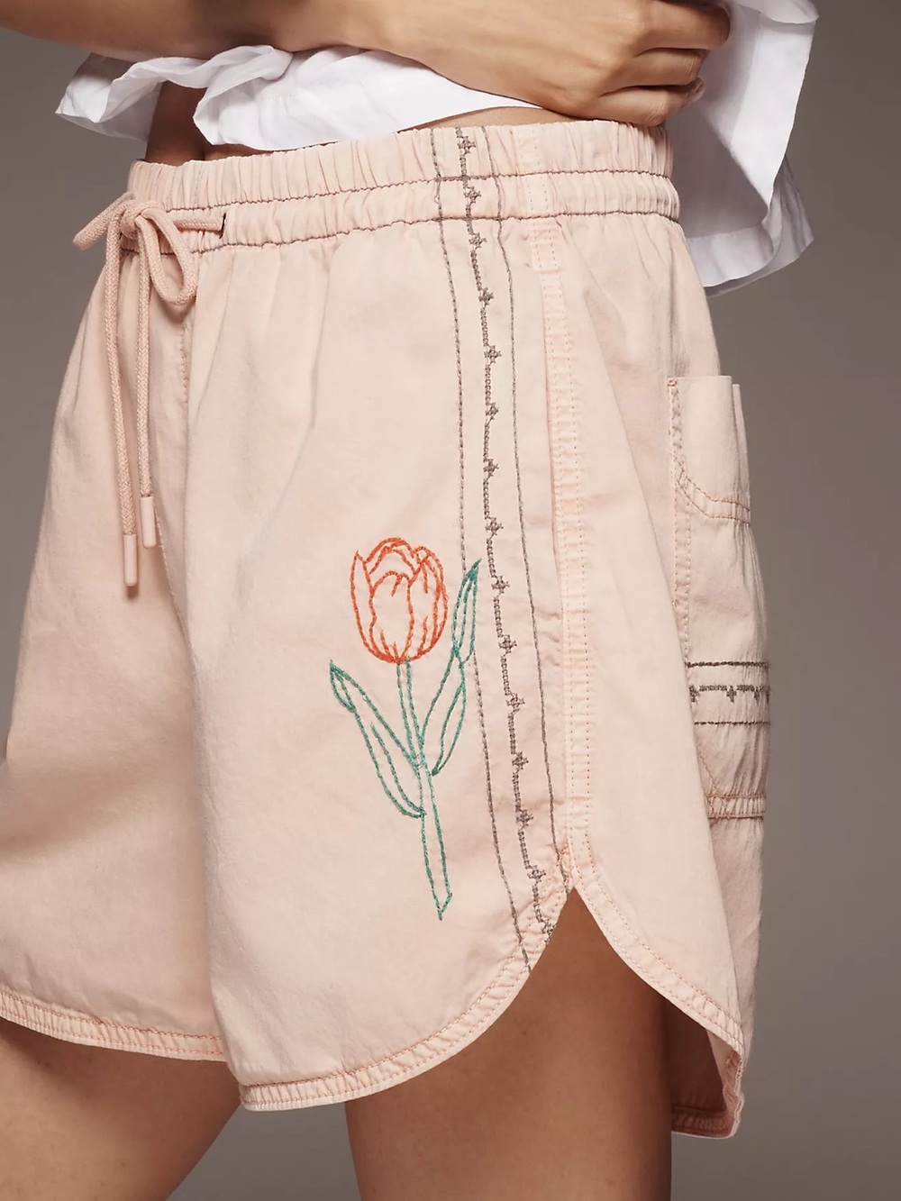 Anthropologie Pale Pink Tulip Embroidered Drawstring Shorts